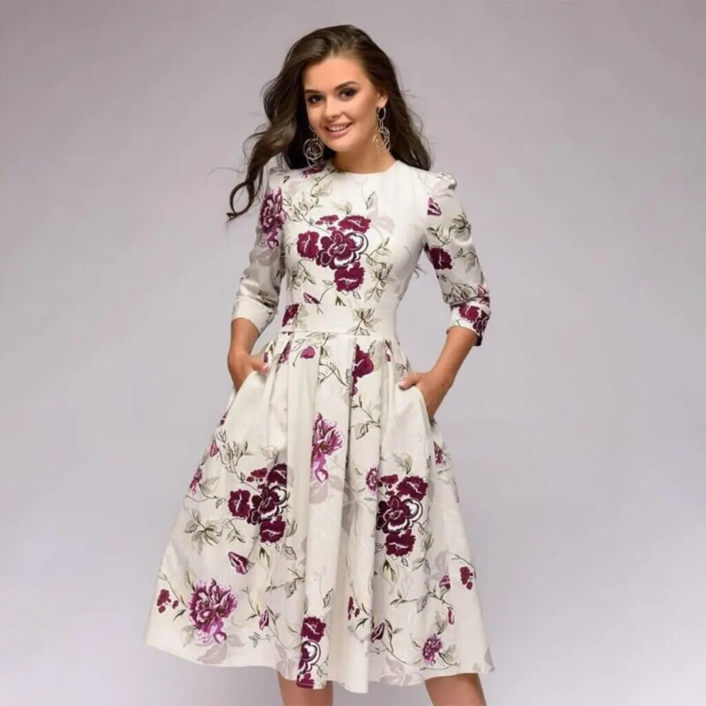 Go Floral Print with Round Neck Spring Dress