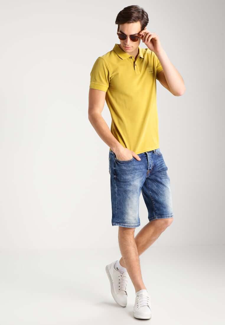 denim shorts with yellow blue combination
