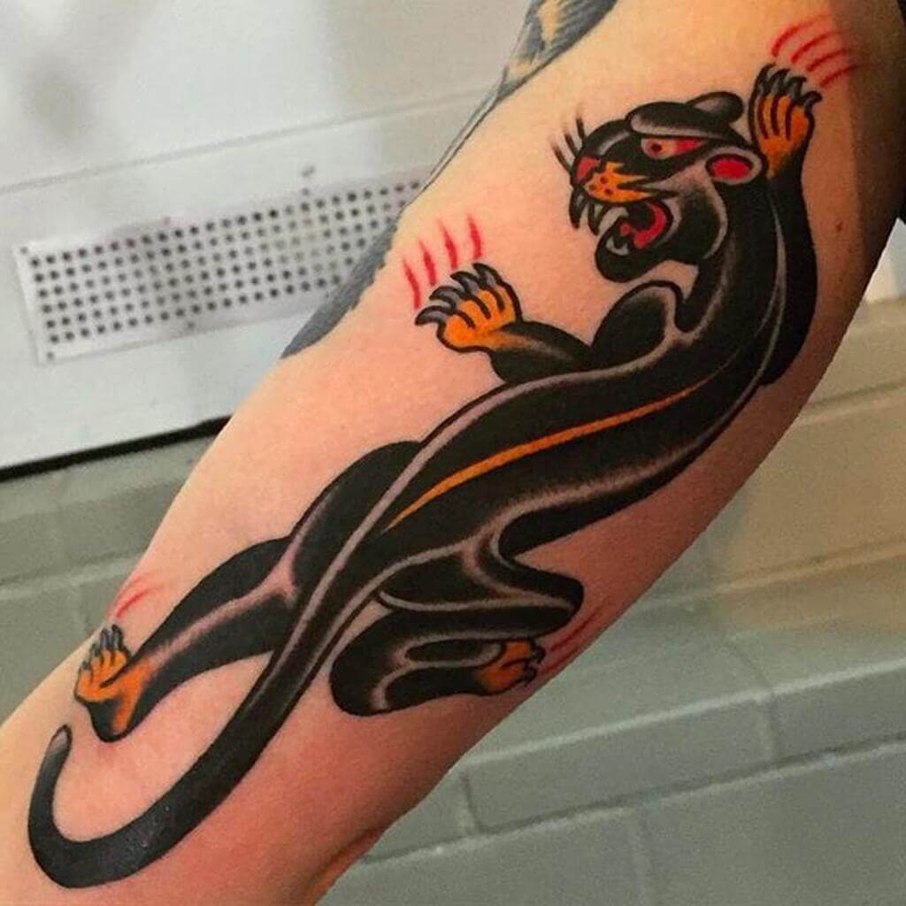 Bold Black Panther Tattoo: american traditional tattoo sleeve