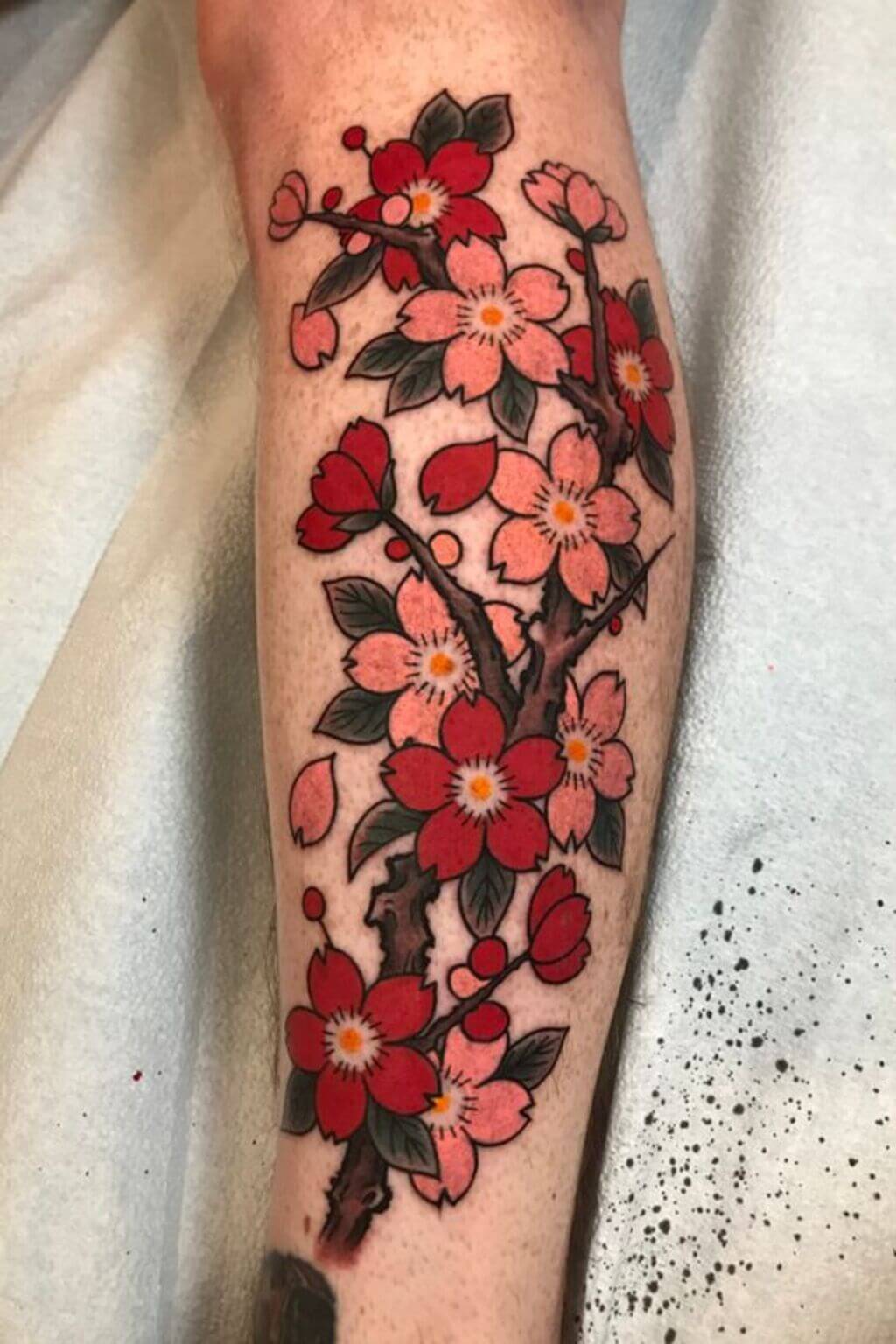 Abstract geometry and cherry tree blossoms sleeve by Vesna  Vivid Art and  Tattoo Belgrade  tat  Cherry blossom tattoo men Cherry blossom tattoo Blossom  tattoo