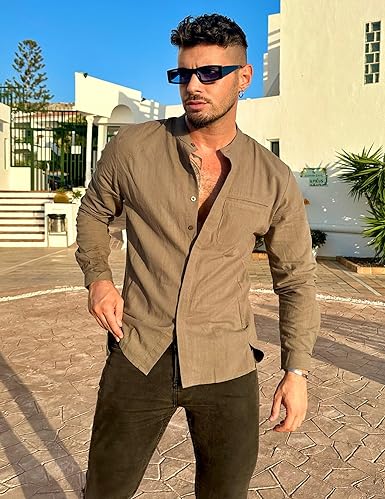 Long Sleeve Button Down Linen Dress Shirts for Men